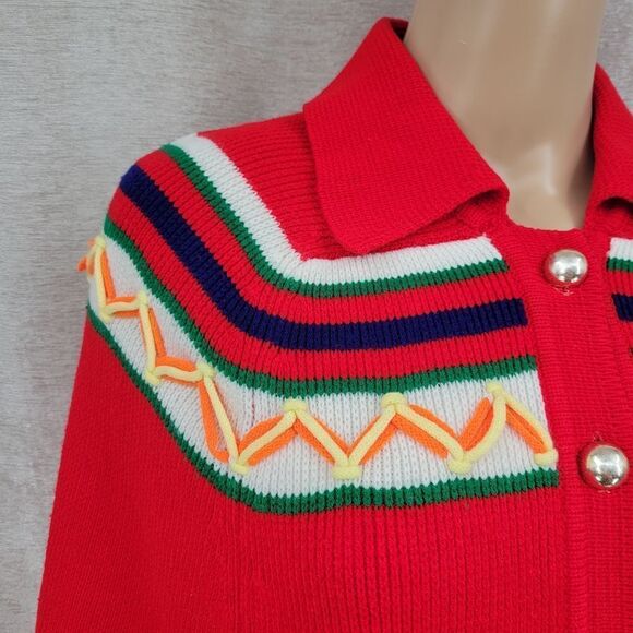 Vintage 70s Red Southwestern Knit Button Down Poncho Hippie Red - Picture 5 of 12
